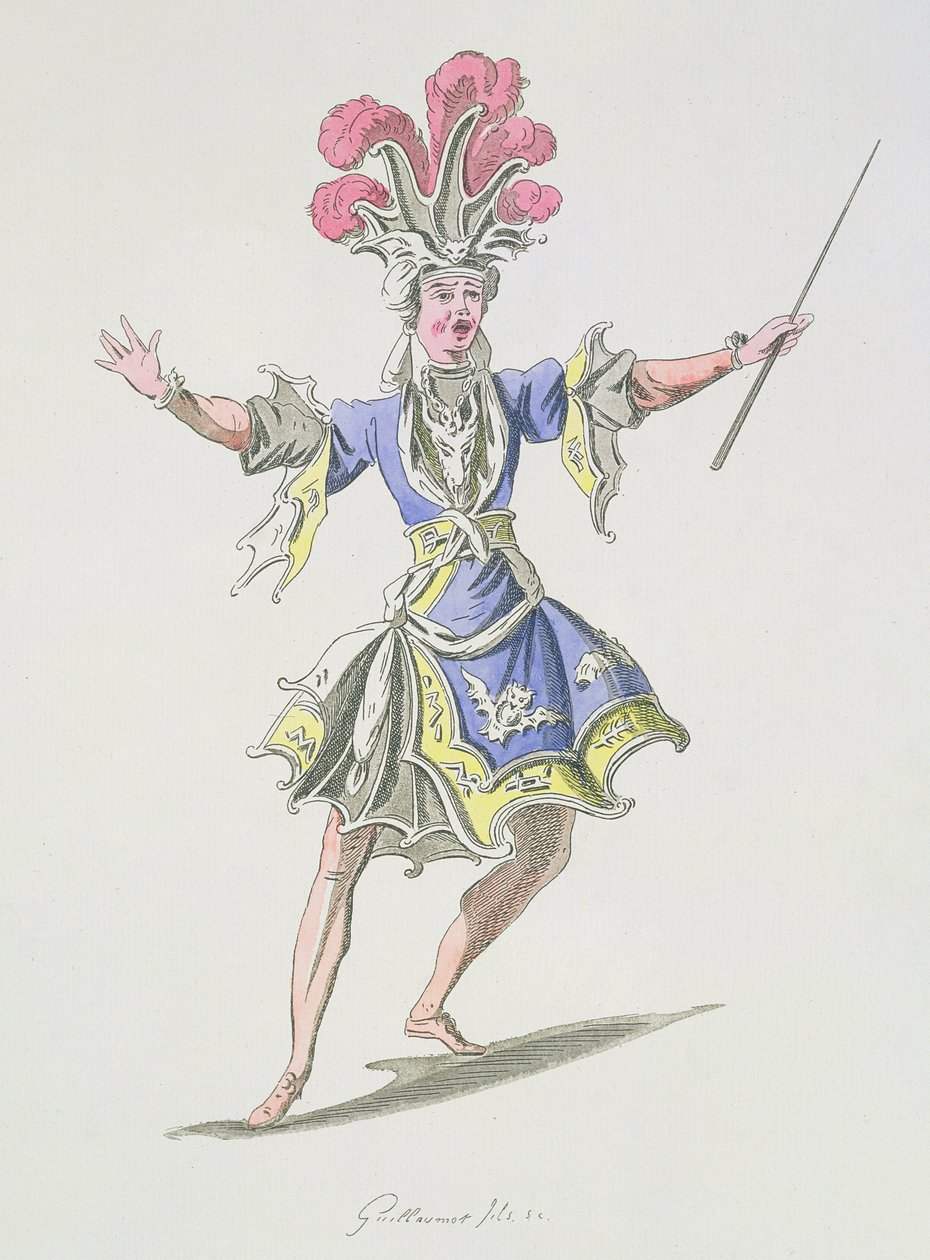 Kostumedesign til tryllekunstneren, i Dardanus, en libretto af Leclerc de Labruere, komponeret af Jean-Philippe Rameau (1683-1764) faksimile af A. Guillaumot Fils (farvestik) af French School