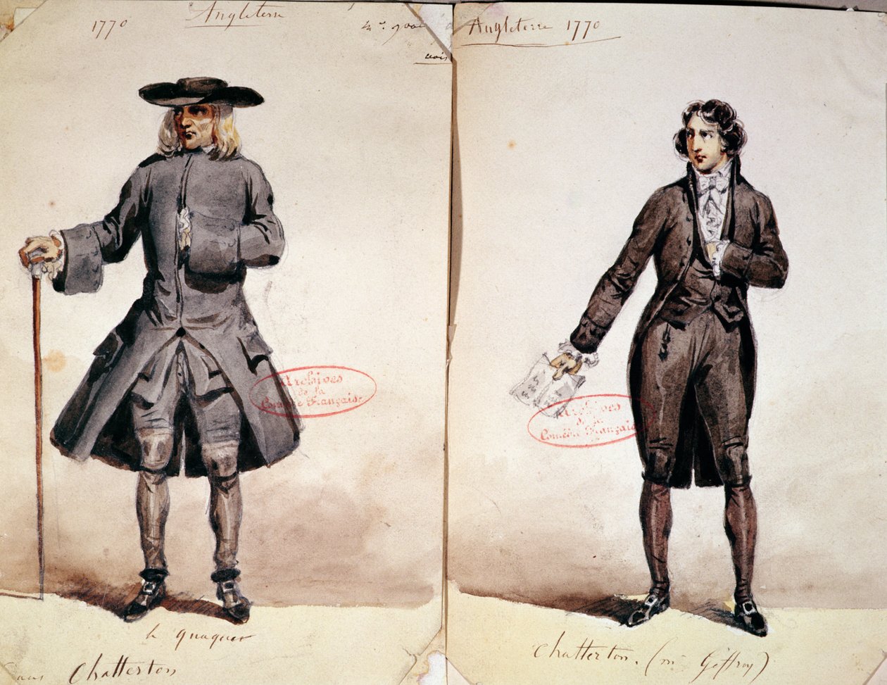 Kostumedesign til den første produktion af Chatterton af Alfred de Vigny (1791-1863): Quakeren og Geffroy som Chatterton, 1835 (wc på papir) af French School