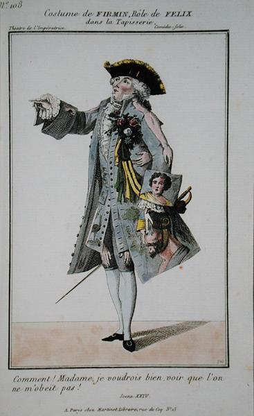 Kostume til Firmin i rollen som Felix i La Tapisserie, planche 108 fra "Petite Galerie Dramatique", udgivet af Martinet, Paris af French School