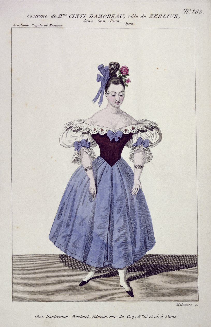 Kostume til Madame Cinti Damoreau i rollen som Zerlina i Don Giovanni, graveret af Maleuvre, trykt af Hautecoeur-Martinet af French School