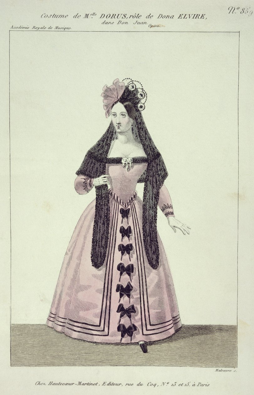 Kostume til Mademoiselle Dorus i rollen som Donna Elvira i Don Giovanni, graveret af Maleuvre, trykt af Hautecoeur-Martinet af French School