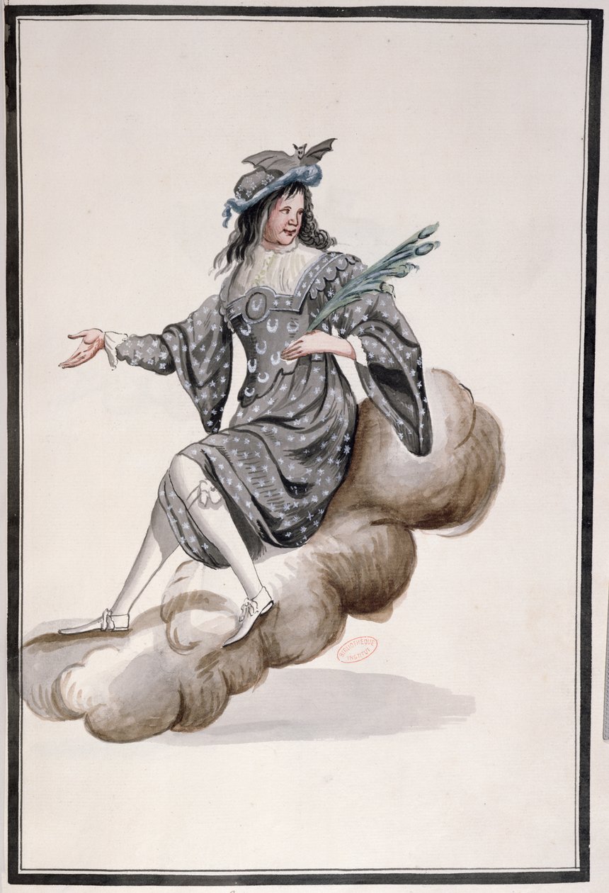 Kostume til Nat for Ballet de la Nuit af Jean-Baptiste Lully (1632-87) danset af Louis XIV, 23. februar 1653 (wc på papir) af French School