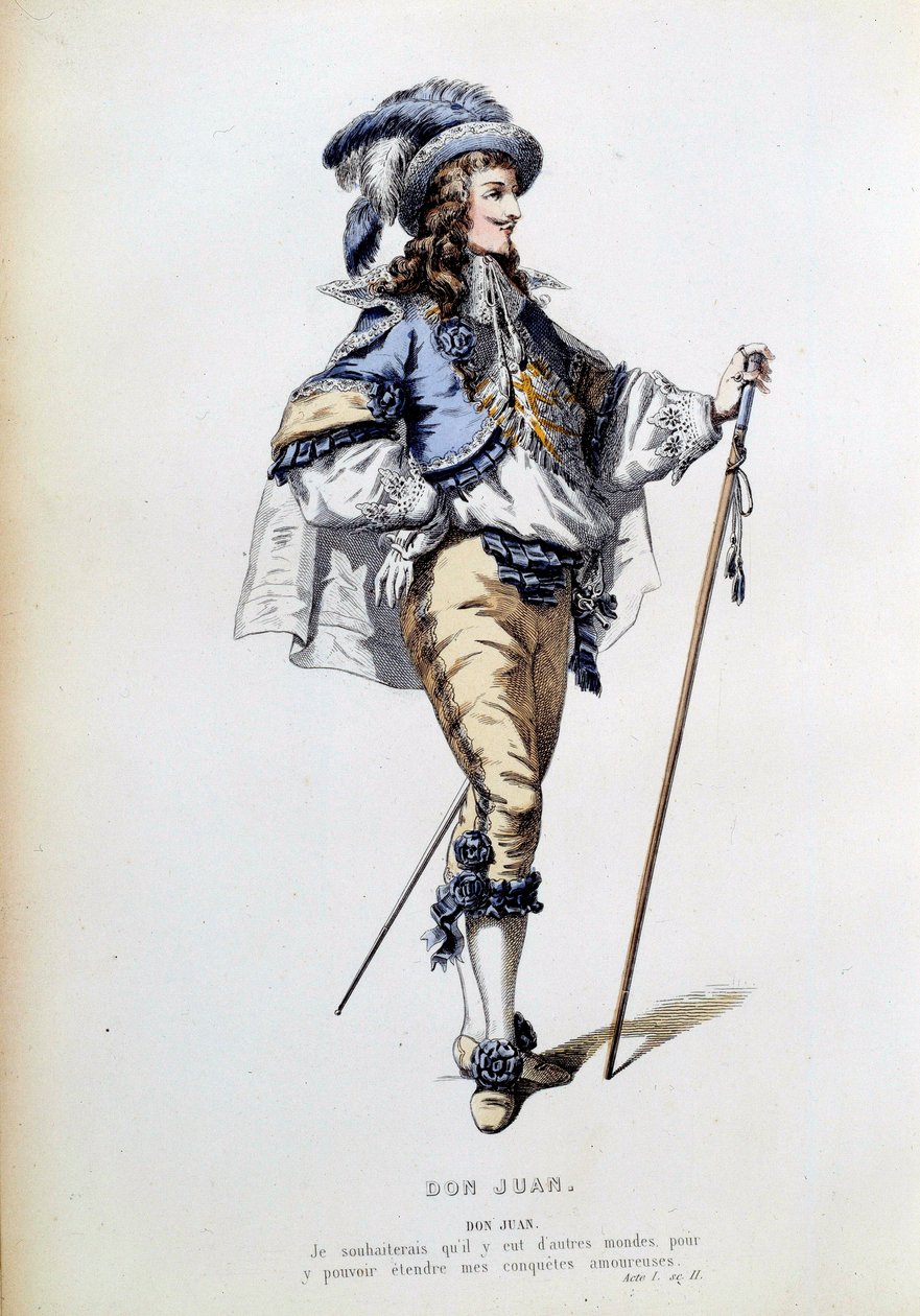 Kostume til karakteren Don Juan i scene 2 i 1. akt af det enslydende stykke af Jean Baptiste Poquelin dit Moliere (1622-1673). Gravering af det 19. århundredes Paris, Comedie francaise af French School