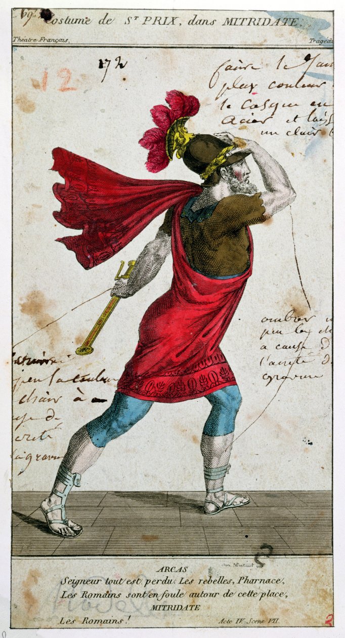 Kostume af Saint-Prix i tragedien Mithridate af Racine, 1700-tallet (farvestik) af French School