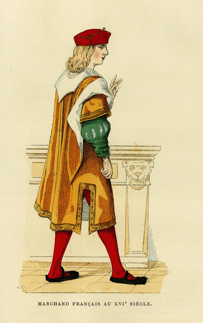 Kostume af en fransk købmand i det 17. århundrede. Stik i farver, i "France et les francais a travers les centuries" af Augustin Challamel, F.Roy editor, Paris 1882. Selva-samlingen. af French School