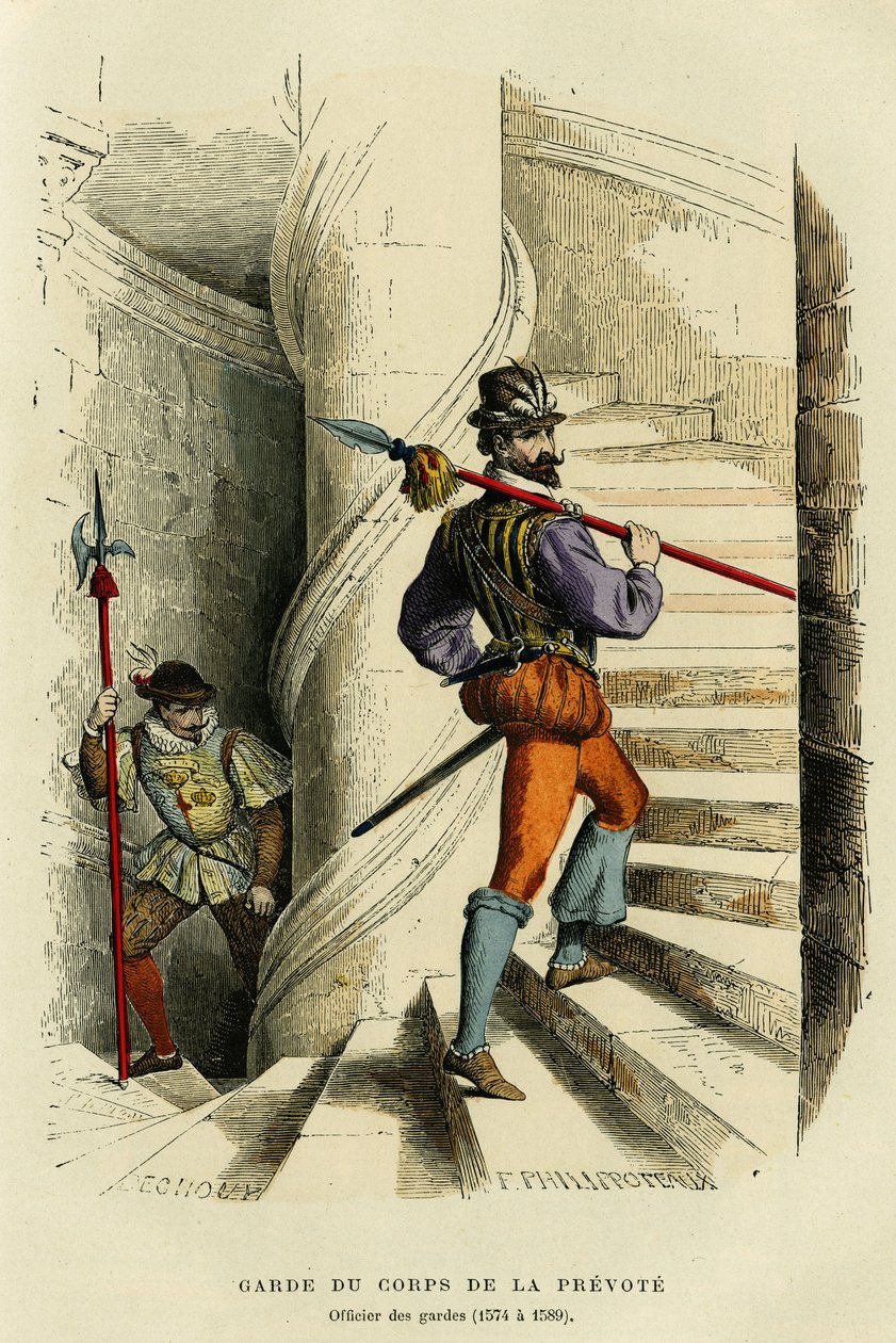Kostume af livvagten af prevote, efterfulgt af en officer af vagterne (1574 a 1589). Farvegravering, i "France et les francais a travers les siecles"" af Augustin Challamel, F.Roy redaktør, Paris 1882. Selva Collection. af French School