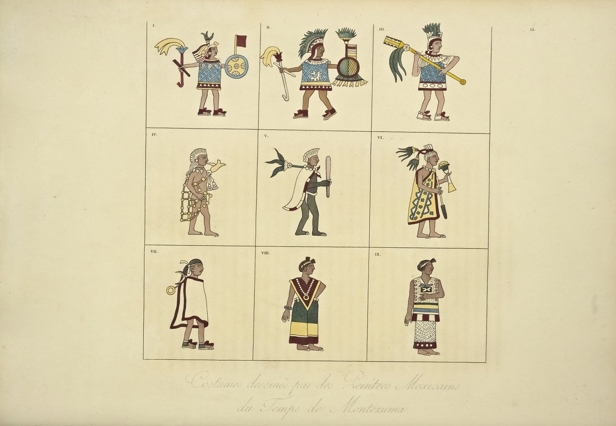 Kostumer designet af de mexicanske malere fra Montezumas tid, illustration fra Views of the Cordilleras and Monuments of the Indigenous Peoples of America af Alexander von Humboldt og Aime Bonpland, 1 af French School