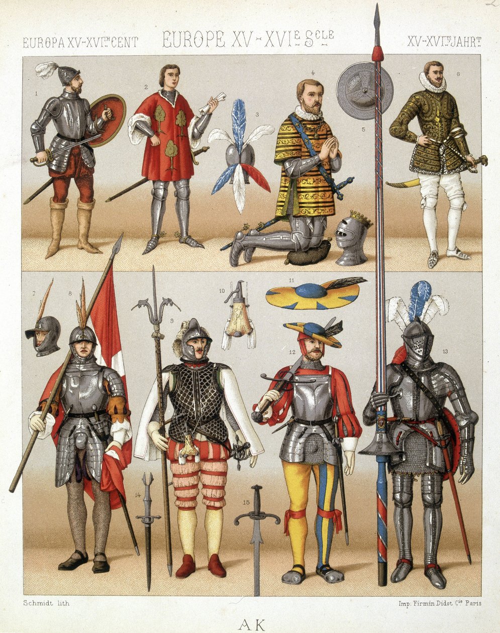 Middelalderens dragter og rustninger - i "Den historiske dragt" af Racinet af French School