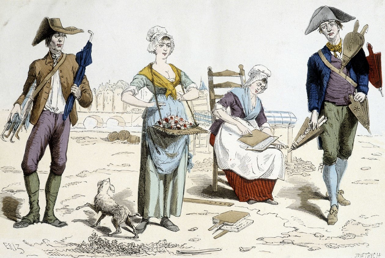 Kostumer fra Paris gennem århundreder. Illustration af tøj fra det 18. århundrede: købmand af paraplyer, blomster, madras pap og bælge købmand. af French School