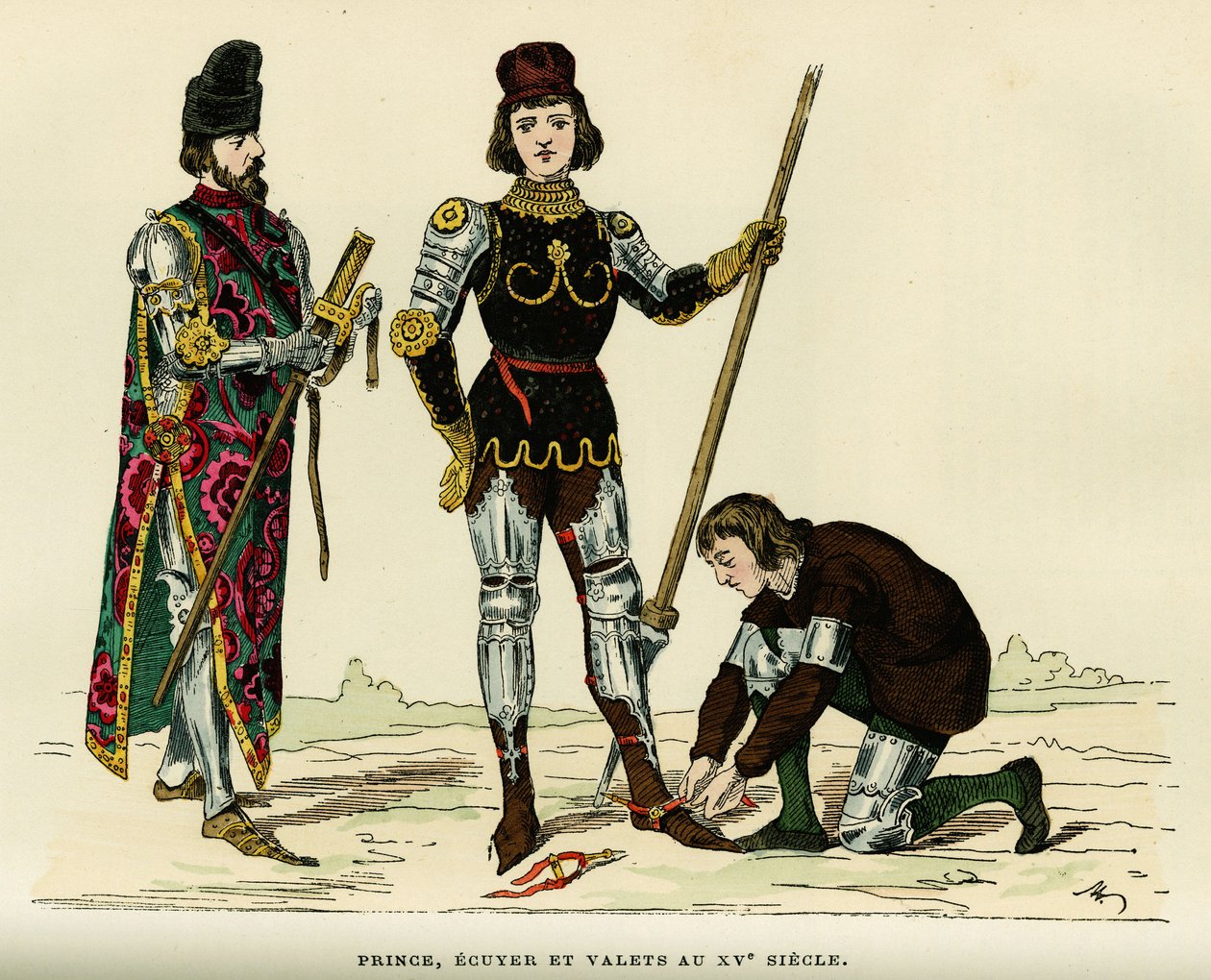 Kostumer af prins, af hans ecus og hans kammertjener, i det 15. århundrede. Farvegravering, i "France et les francais a travers les centuries"" af Augustin Challamel, F.Roy redaktør, Paris 1882. Selva Collection. af French School