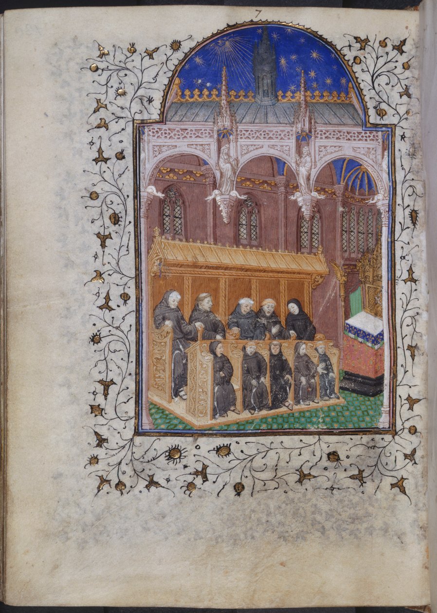 Cott Dom A XVII f.122v Sortklædte munke synger i et kor, fra Henrik VI