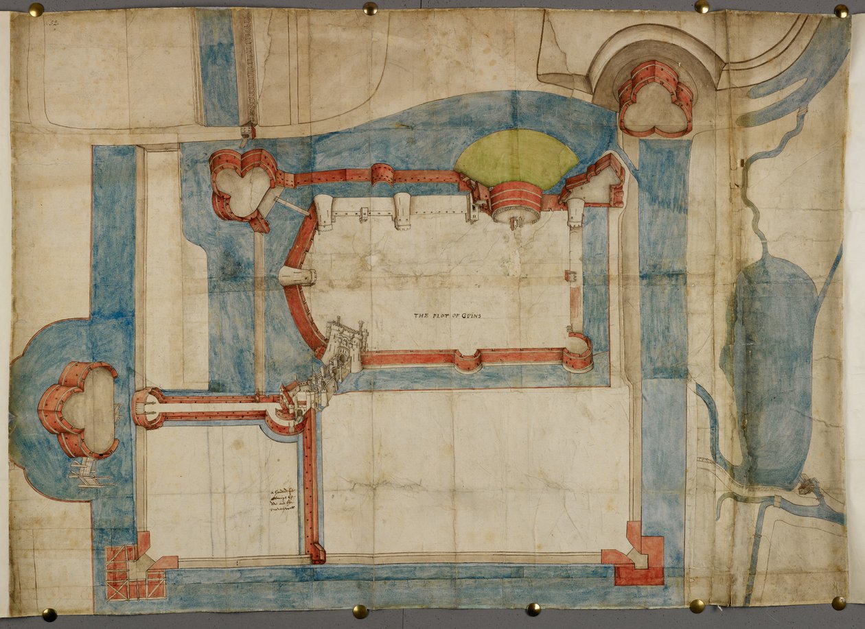 Bomuld Augustus I ii 52, En farvet plan af Guînes Slot omkring 1540 (pergament) af French School