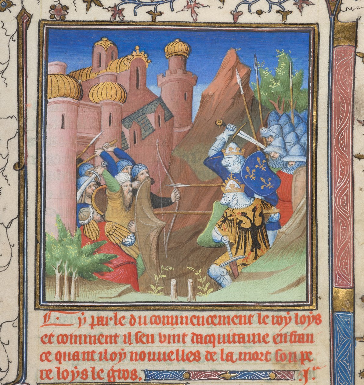 Cotton Nero E II pt.1, f.222, Slaget ved Louis VII og hans far, fra Grandes Chroniques de France af French School