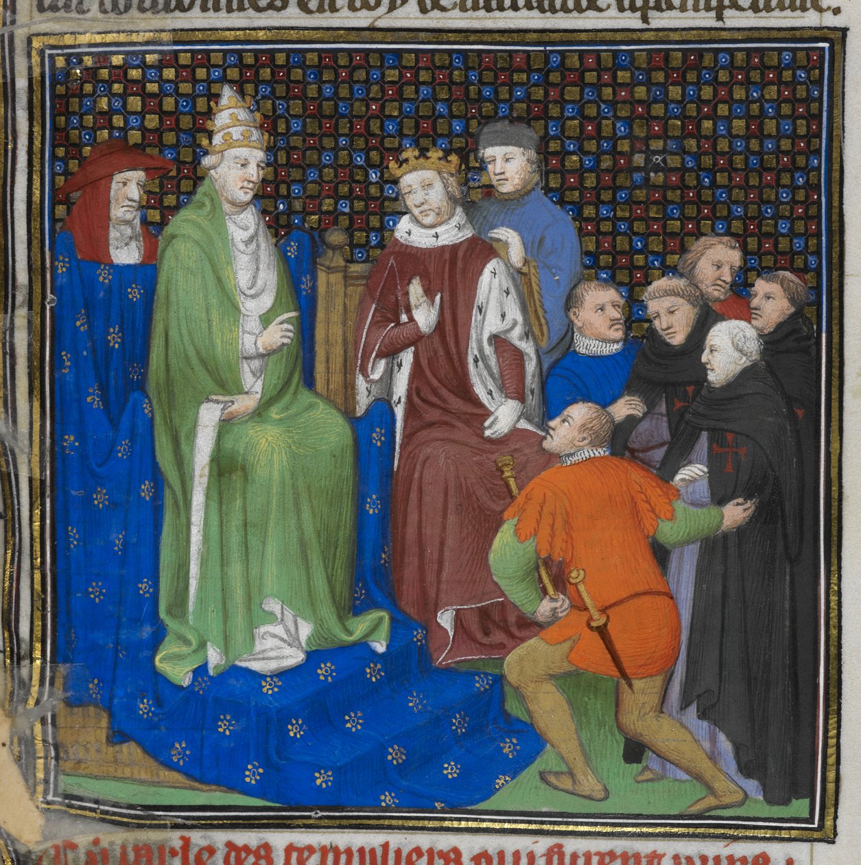 Cotton Nero E II pt2 fol.100v Tempelherrerne før Philippe IV (1268-1314) og Pave Clemens V (c.1260-1320), fra 