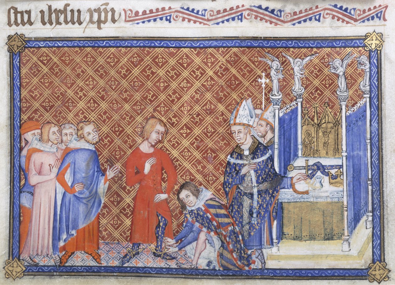 Bomuld Tiberius B VIII f.48v Philip den Dristige, Hertug af Bourgogne veste Kong Charles V med sporerne, illustration fra 