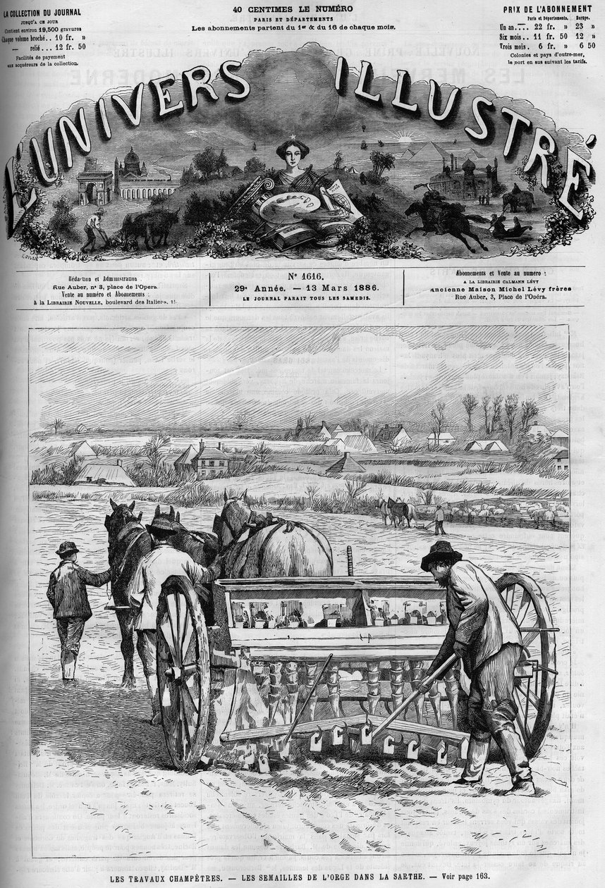 Landarbejde: såning af byg i Sarthe. En avis. Indgravering i "" Le Monde Illustré"", 13. marts af French School