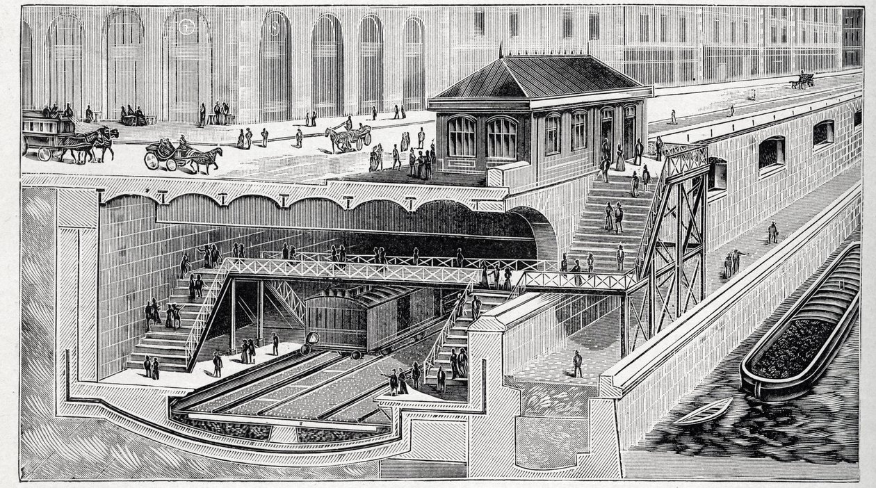 Tværsnit af Saint Michel station i Paris i ""La nature"" 1899 af French School