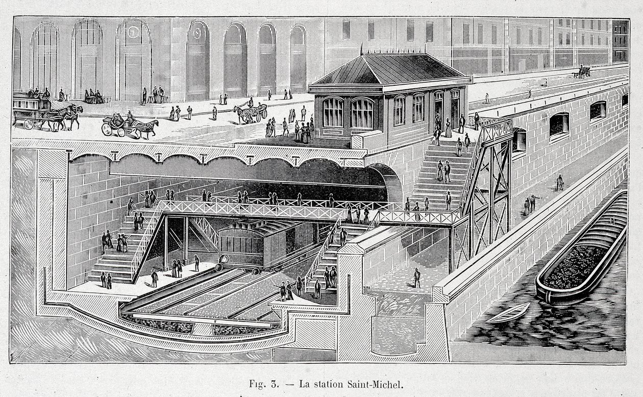 Sektion af metrostationen St Michel i Paris i ""La nature"" 1899 af French School