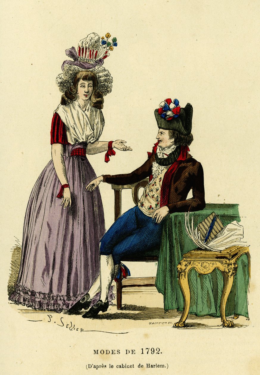 Par i mode fra 1792. Farvestik efter tegningen af Harlems kabinet, i “France et les francais a travers les siecles”” af Augustin Challamel, F.Roy redaktør, Paris 1882. Selva Collection. af French School