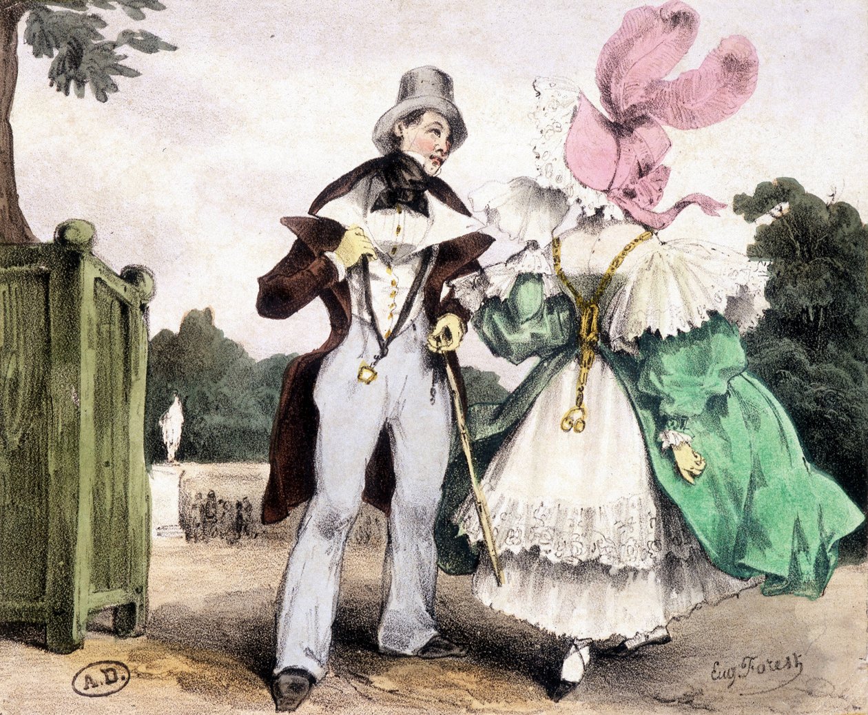 Par gående, tegning af Guy Forest, omkring 1829. af French School