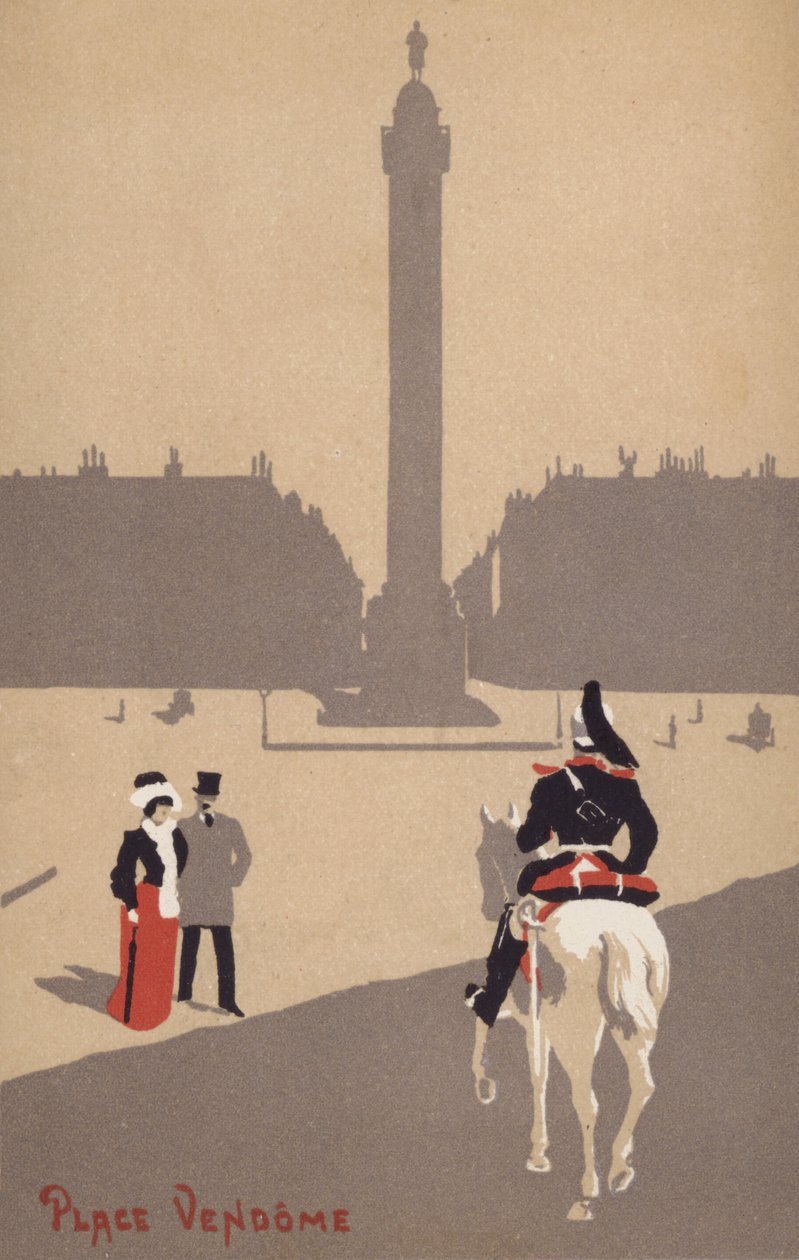 Par ser på en fransk kavalerisoldat til hest på Place Vendome, Paris i Frankrig (farvelitografi) af French School