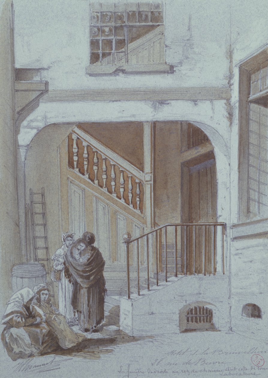 Gårdhave og laboratorium for Marquise de Brinvilliers, 28 rue de Bievre, Paris (kridt og gouache på papir) af French School