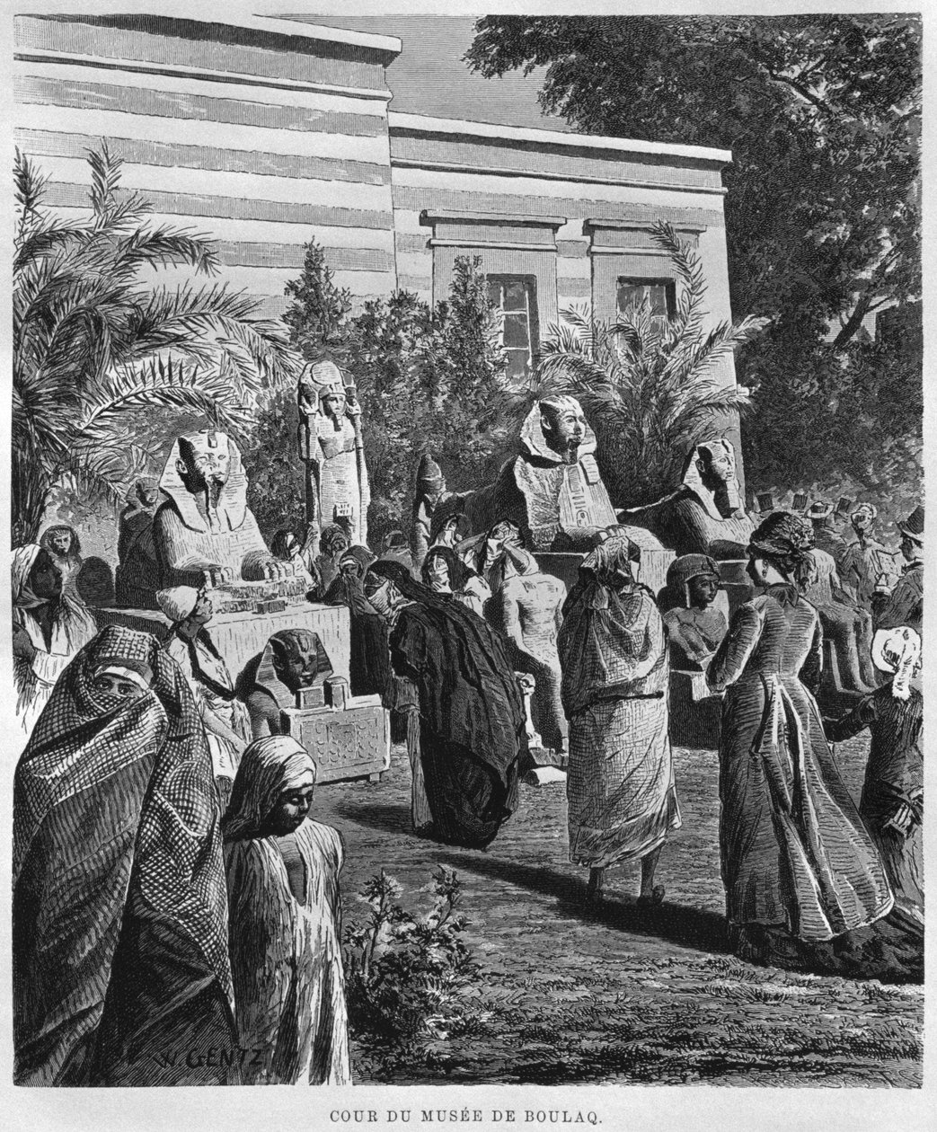 Museets gårdhave, Bulaq, fra LEgypte af Georg Moritz Ebers (1837-98), 1881 (bw gravering) af French School