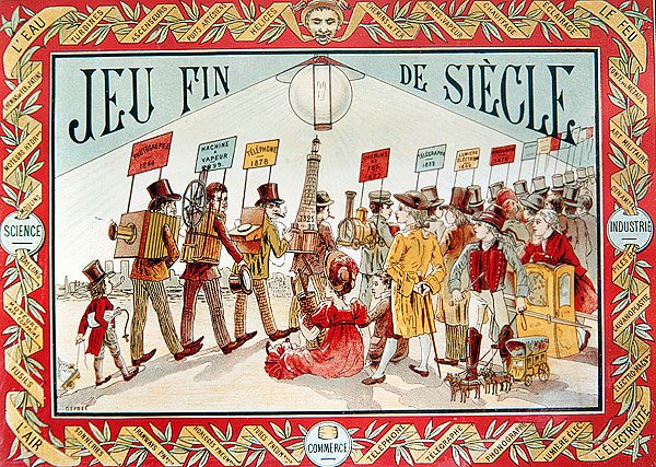 Cover til et "End of the Century"-brætspil for børn, ca. 1895 (farve litho) af French School