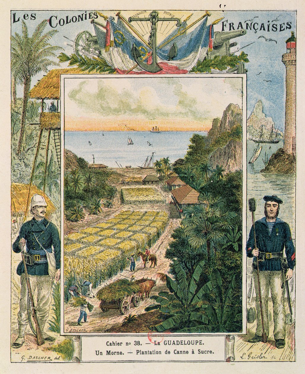 Forside til en skolebog, der viser en sukkerrørsplantage i Guadeloupe, 1892 af French School
