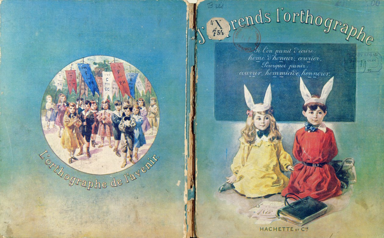 Forsideillustration og bagside af en fransk skolebog om skrivning, udgivet af Hachette i Paris, 1905 af French School