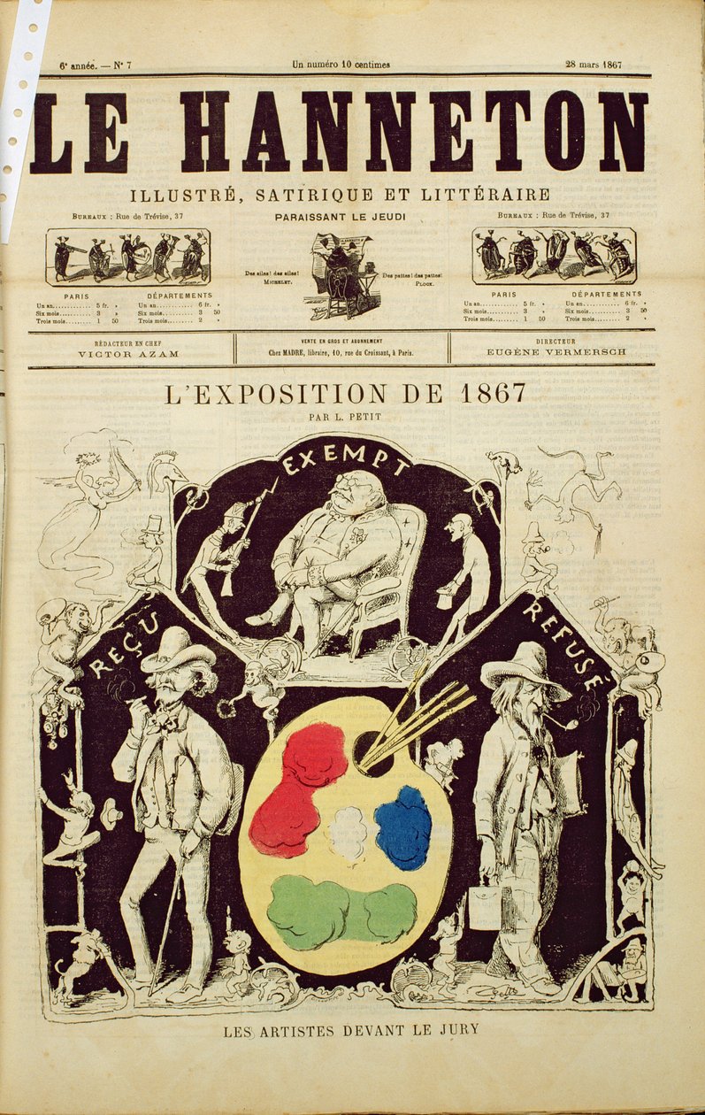 Forside af Le Hanneton, der viser kunstnerne foran juryen ved 1867-udstillingen, 28. marts 1867 af French School