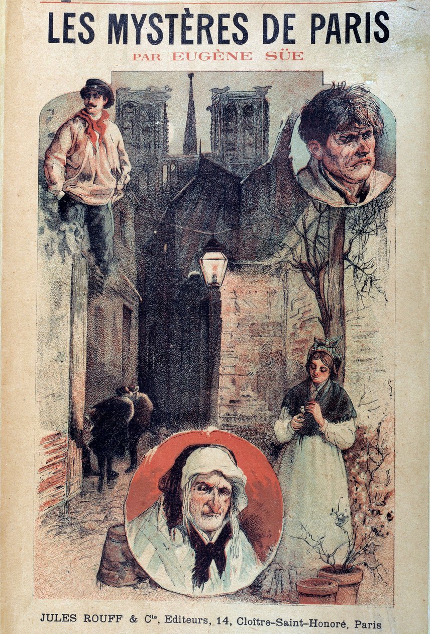 Cover af "" Les mysteres de Paris"" af Eugene Sue (1804-1857), udsigt over en parisisk gyde og karakterer af French School