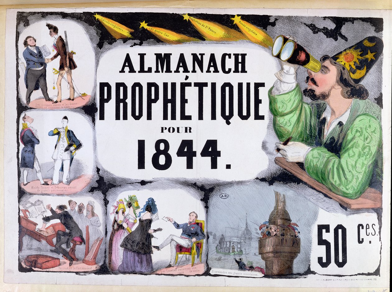Forside af en profetisk almanak, der forestiller Nostradamus (1503-66) 1844 af French School
