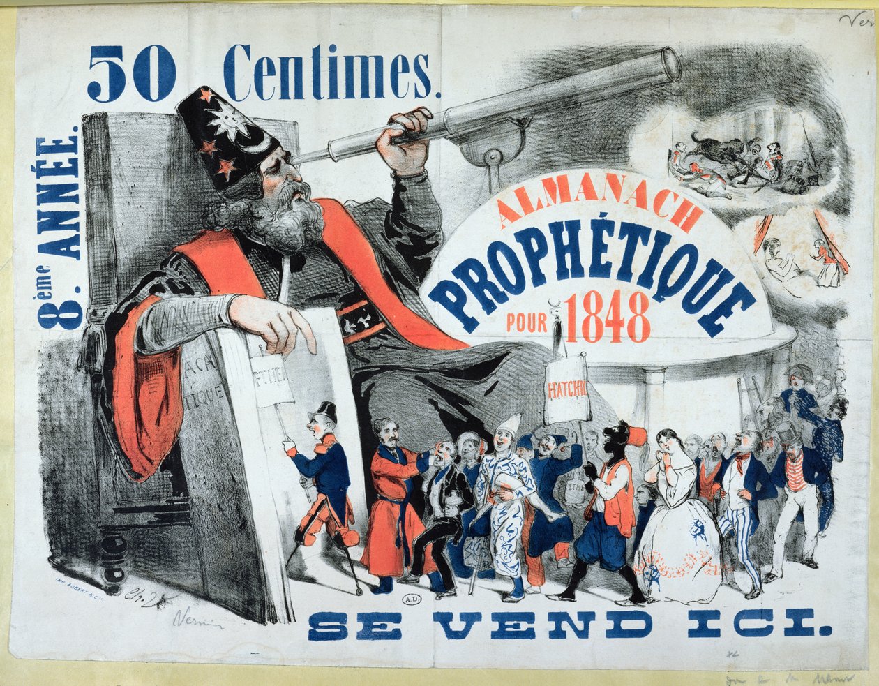 Omslag til en profetisk almanak, der forestiller Nostradamus (1503-66) 1848 af French School