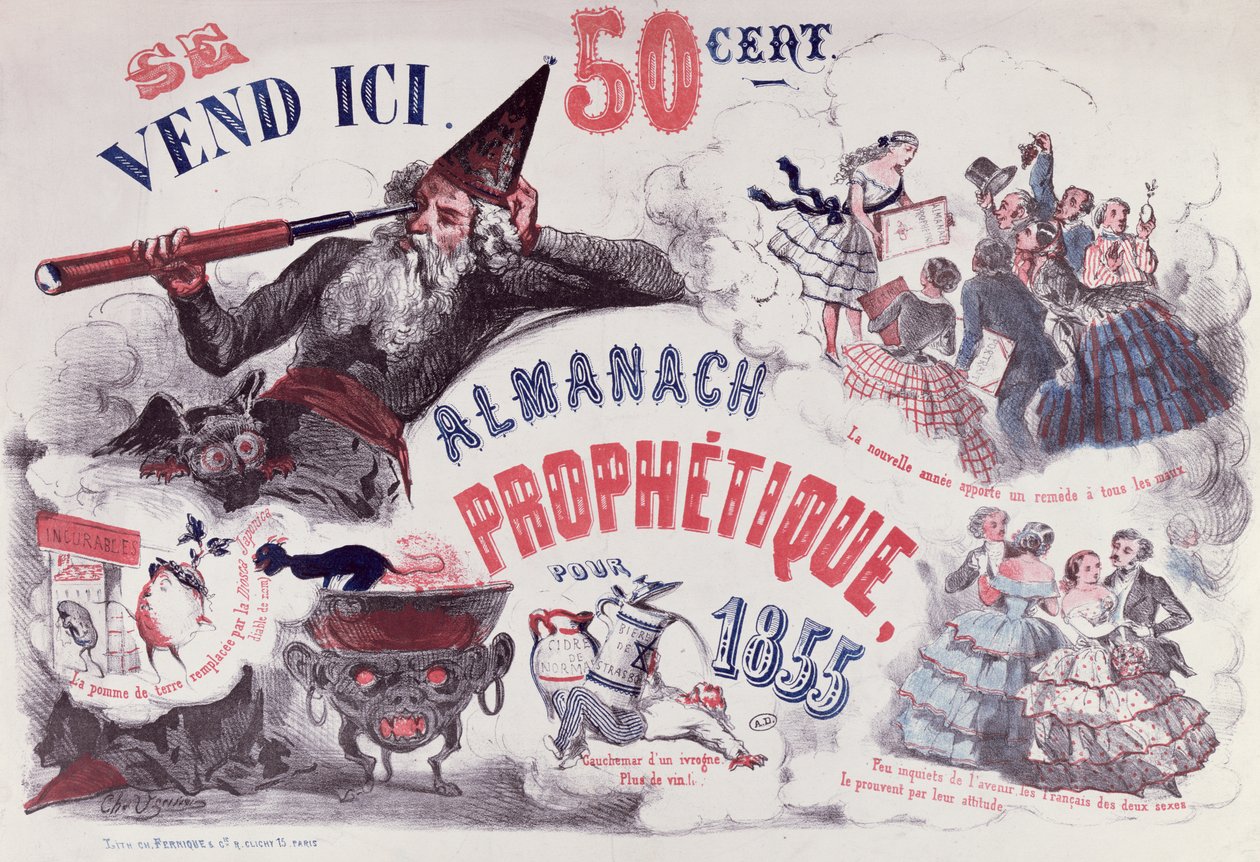 Omslag til en profetisk almanak, der forestiller Nostradamus, 1855 af French School
