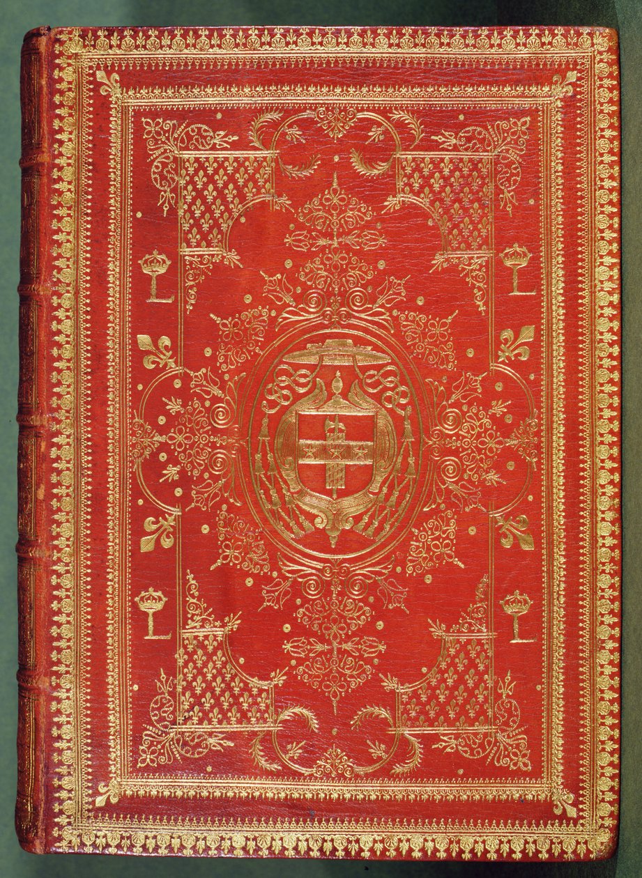 Omslag til en bog ejet af kardinal Mazarin, med finishen viser kardinalernes arme af stjerner og fasces, overvundet af en kardinals galerohat og kvaster (læder og forgyldning) af French School