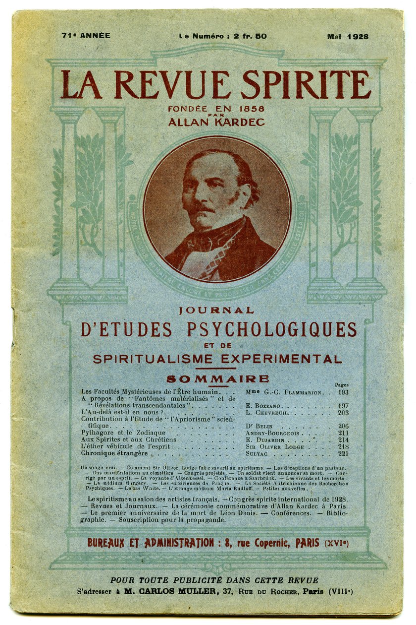 Cover of a number of "La revue spirite", a quarterly magazine dedicated to spiritism, psychological studies and experimental spiritualism, founded by Allan Kardec Dani af French School