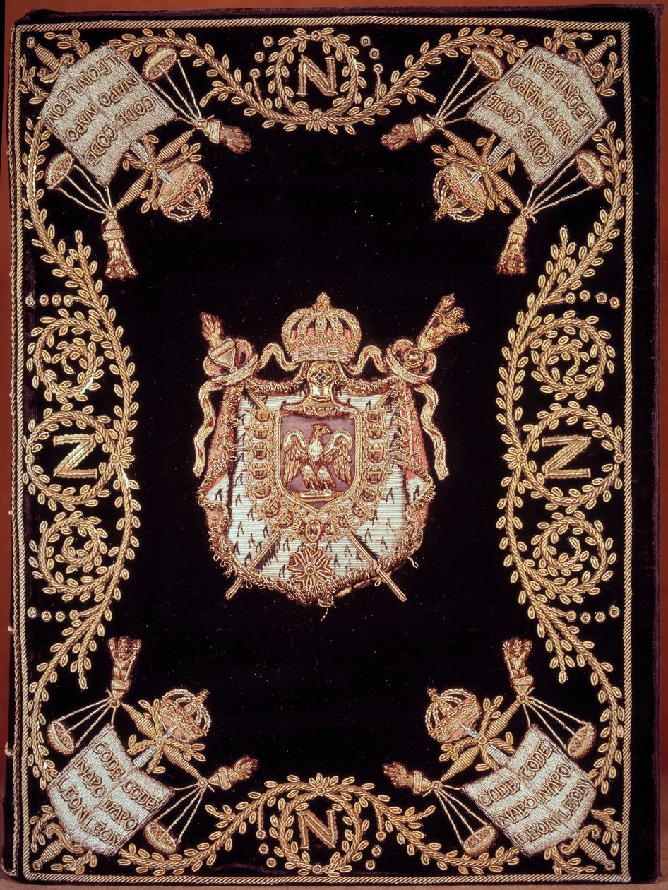Omslag til en af de tolv originale udgaver af "Code civil des francais"" udstedt af Napoleon Bonaparte den 21/03/1804. Den er indbundet i fløjlsbroderi af guld og sølv med retfærdighedsemblem og kejserens våben. fransk lov om borgerrettigheder. B.N af French School
