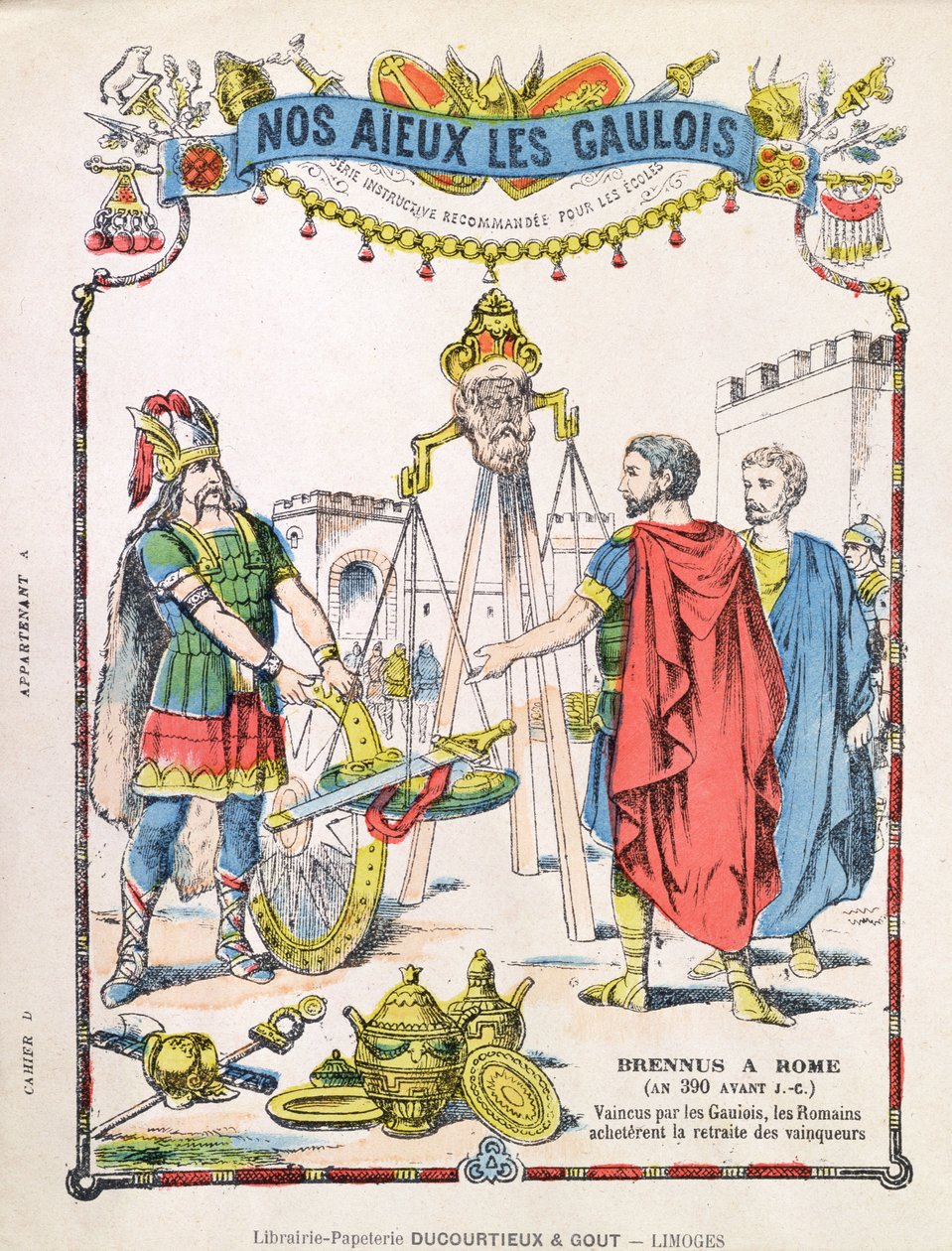Omslag til skoleøvelsesbog, der viser legenden om Brennus (fl. ca. 389 f.Kr.) af French School
