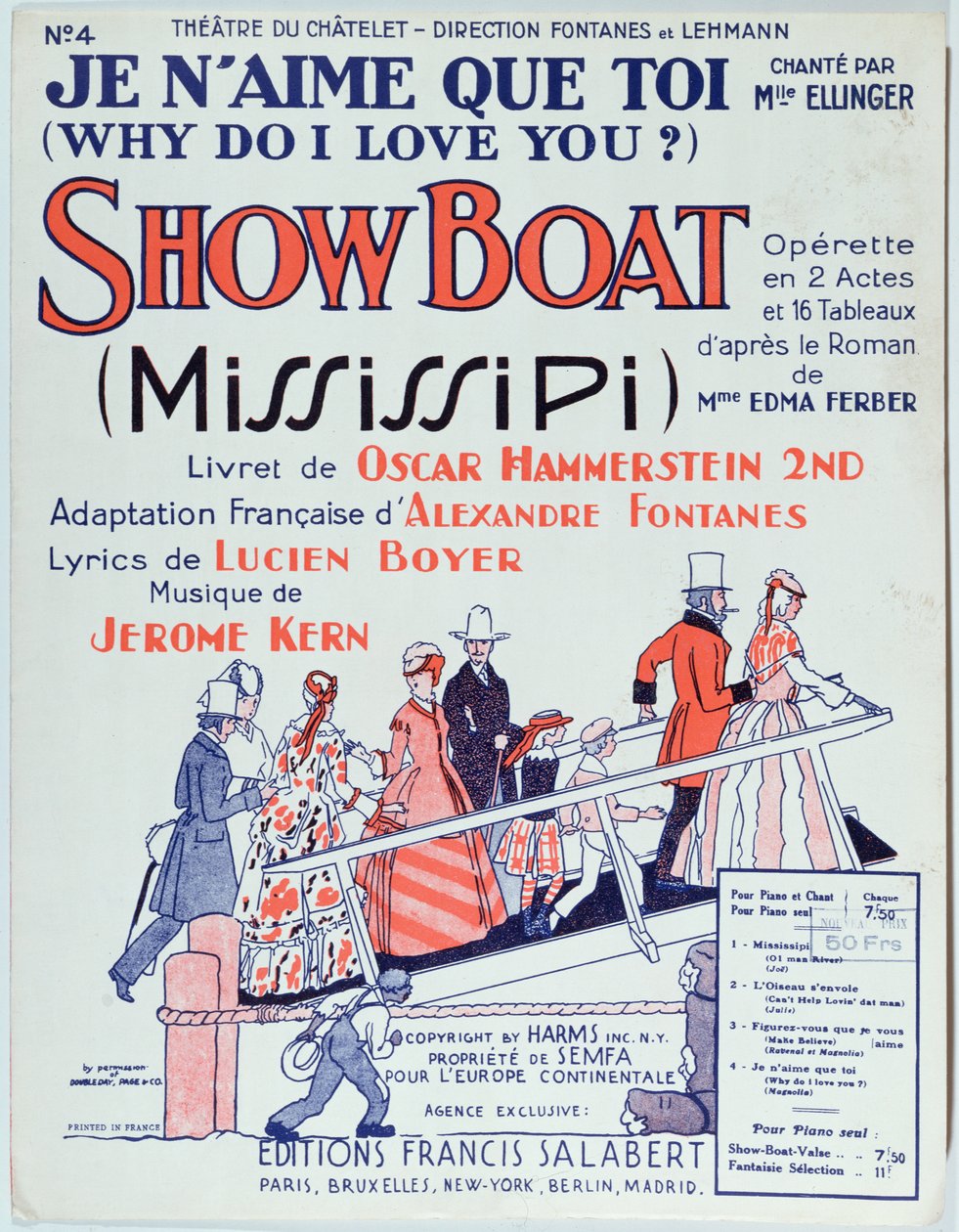 Cover af partitur af operetten Showboat, produceret på Theatre du Chatelet i 1928 af French School