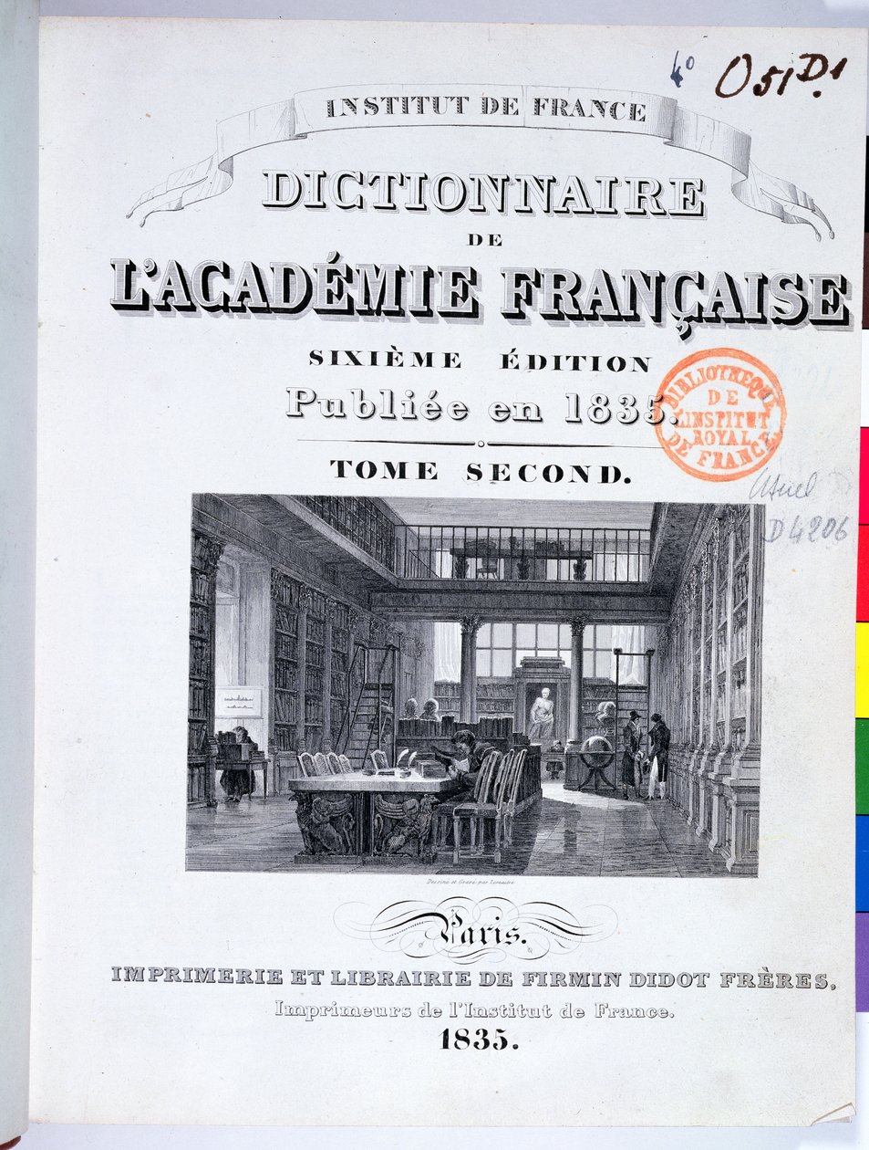 Forside til det franske akademis ordbog, 1835 af French School