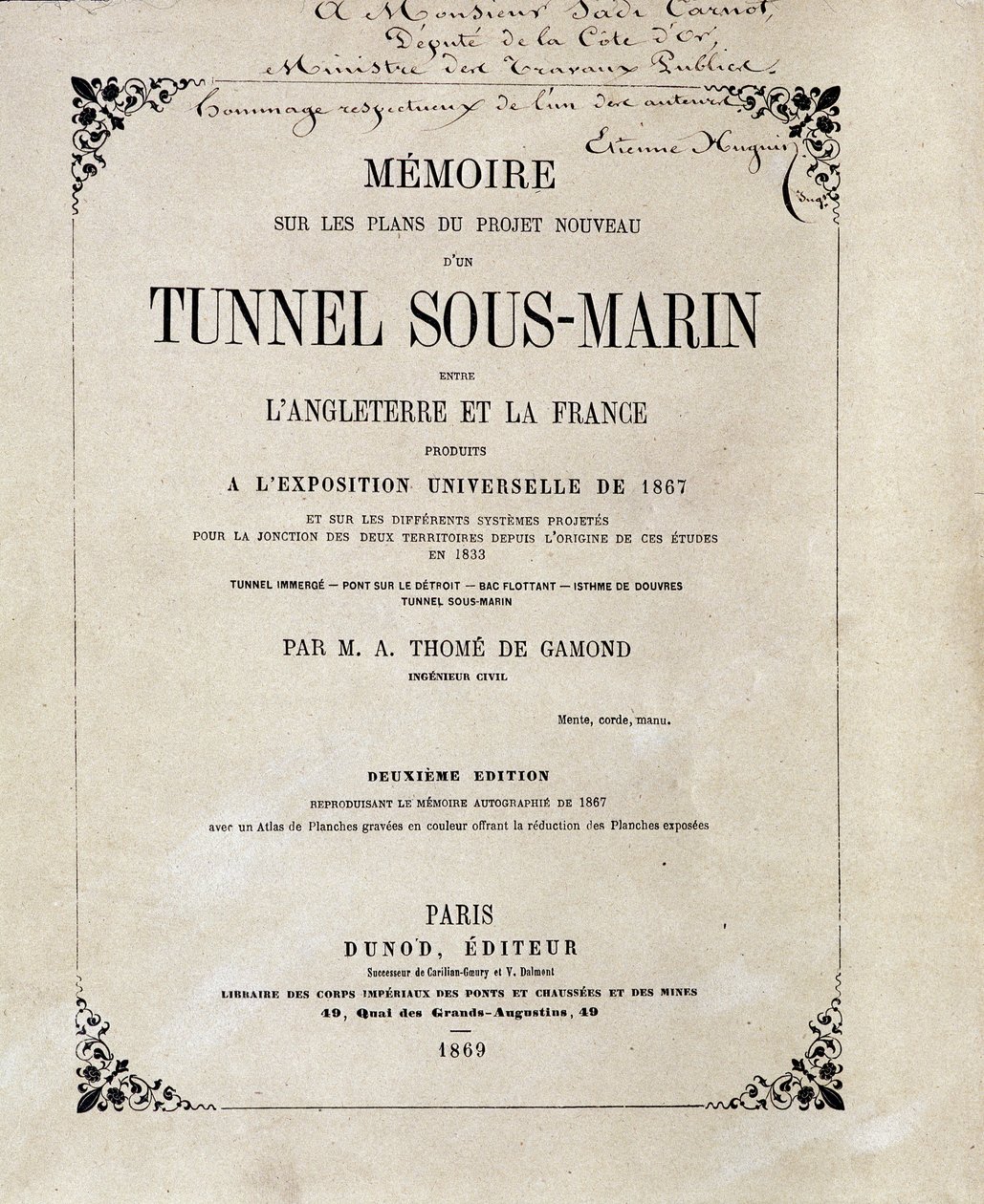 Cover af "" Memoire om planerne for det nye projekt af en undervandstunnel (undervands) mellem England og Frankrig produceret på verdensudstillingen i 1867"" af M.A. Thome de Gamond af French School