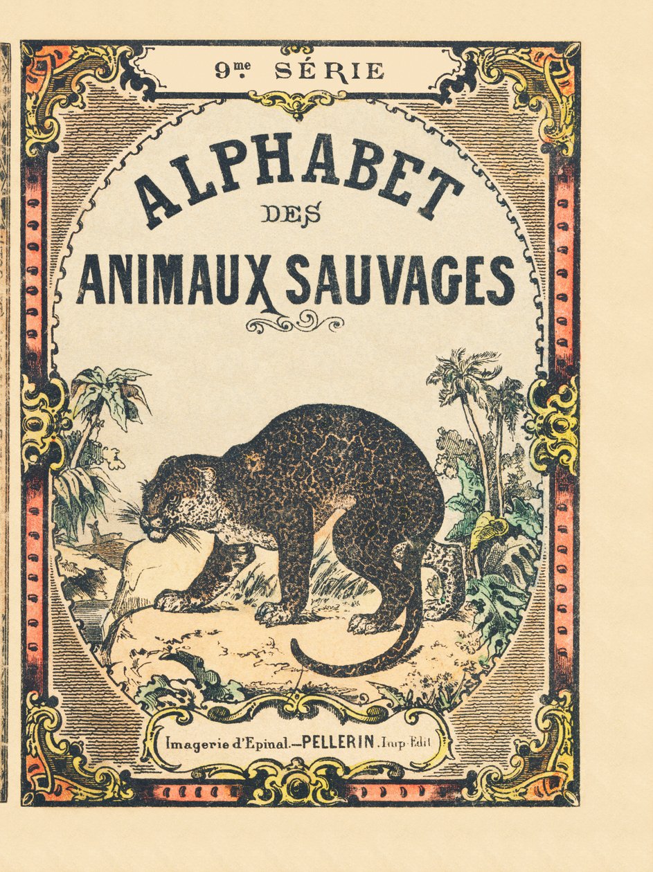 Omslaget til bogen "" Alphabet des animaux sauvages "". 9. serie. Billede af Epinal, Pellerin, trykkeri-udgiver, ca. 1870. Graveringer på træ, stencileret. 16 sider. Mål: 20 x 15 cm. Privat samling af French School