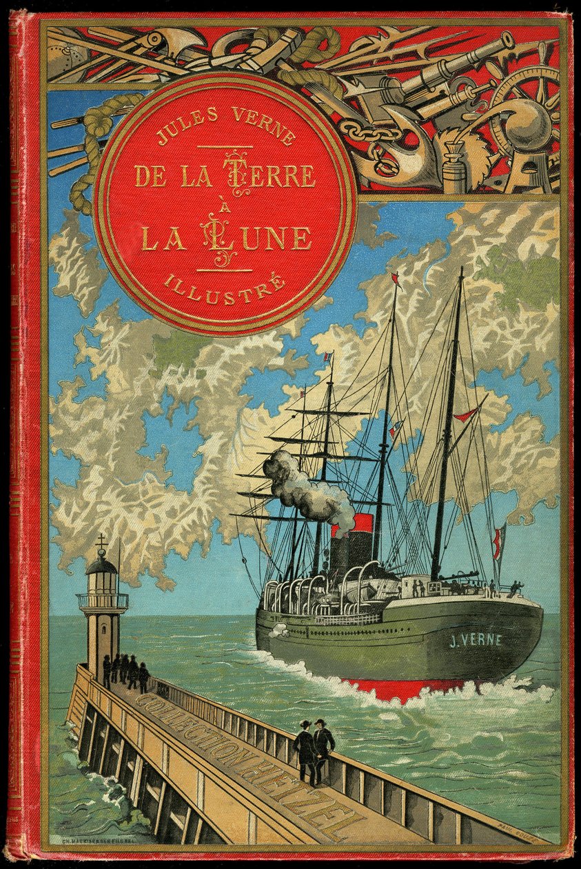 Omslag til bogen "From the Earth to the Moon" af Jules Verne i 1865 (Hetzel/Extraordinary Voyages af French School