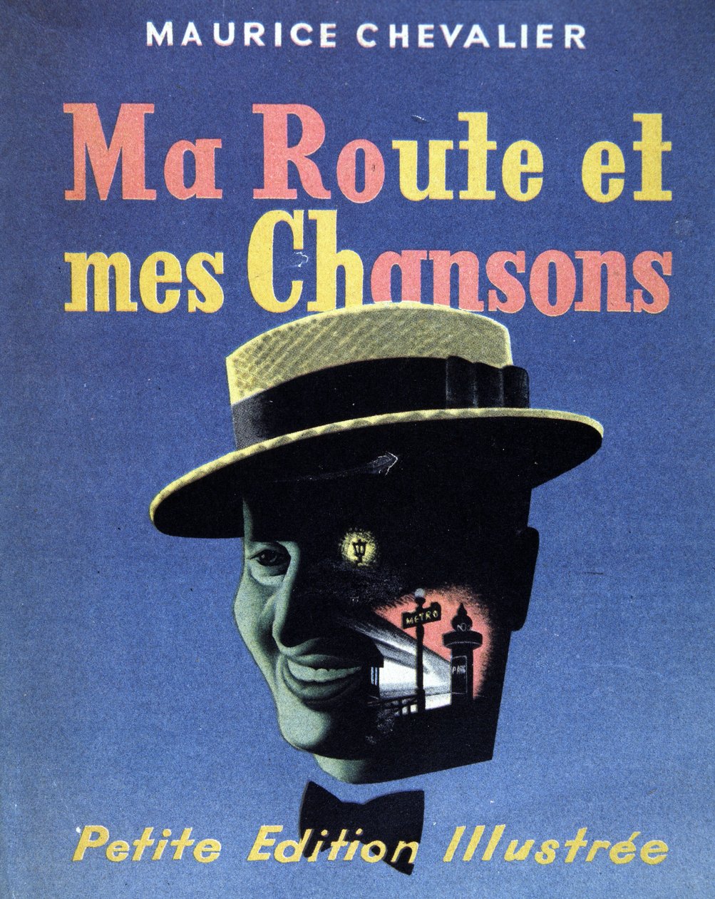 Omslag til bogen "Min vej og mine sange" af Maurice Chevalier af French School