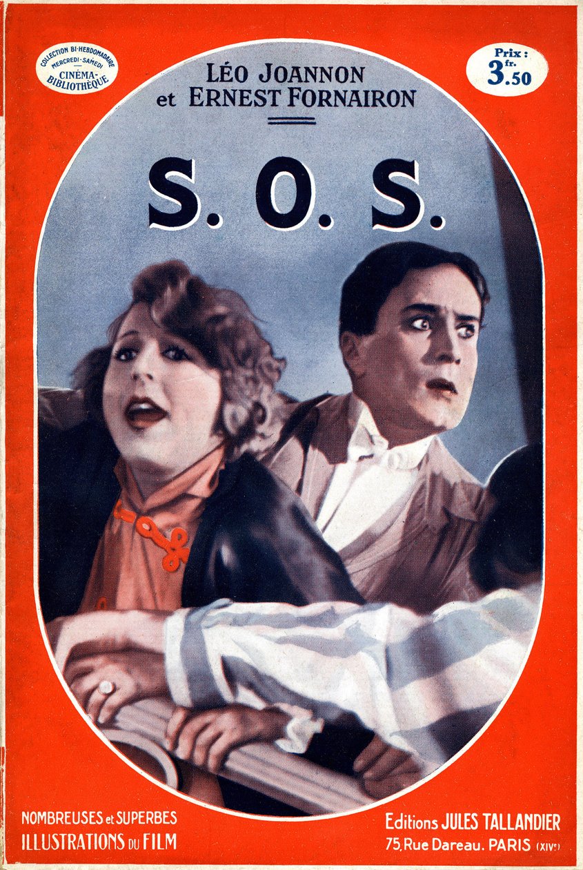 Omslag til bogen S.O.S. (SOS) med et billede af den eponyme film af Carmine Gallone. Illustration af forkortelsen for call for help, nødsignal fra Morse-alfabetet trådte i kraft i 1908. Edition Jules Tallandier (litho) af French School