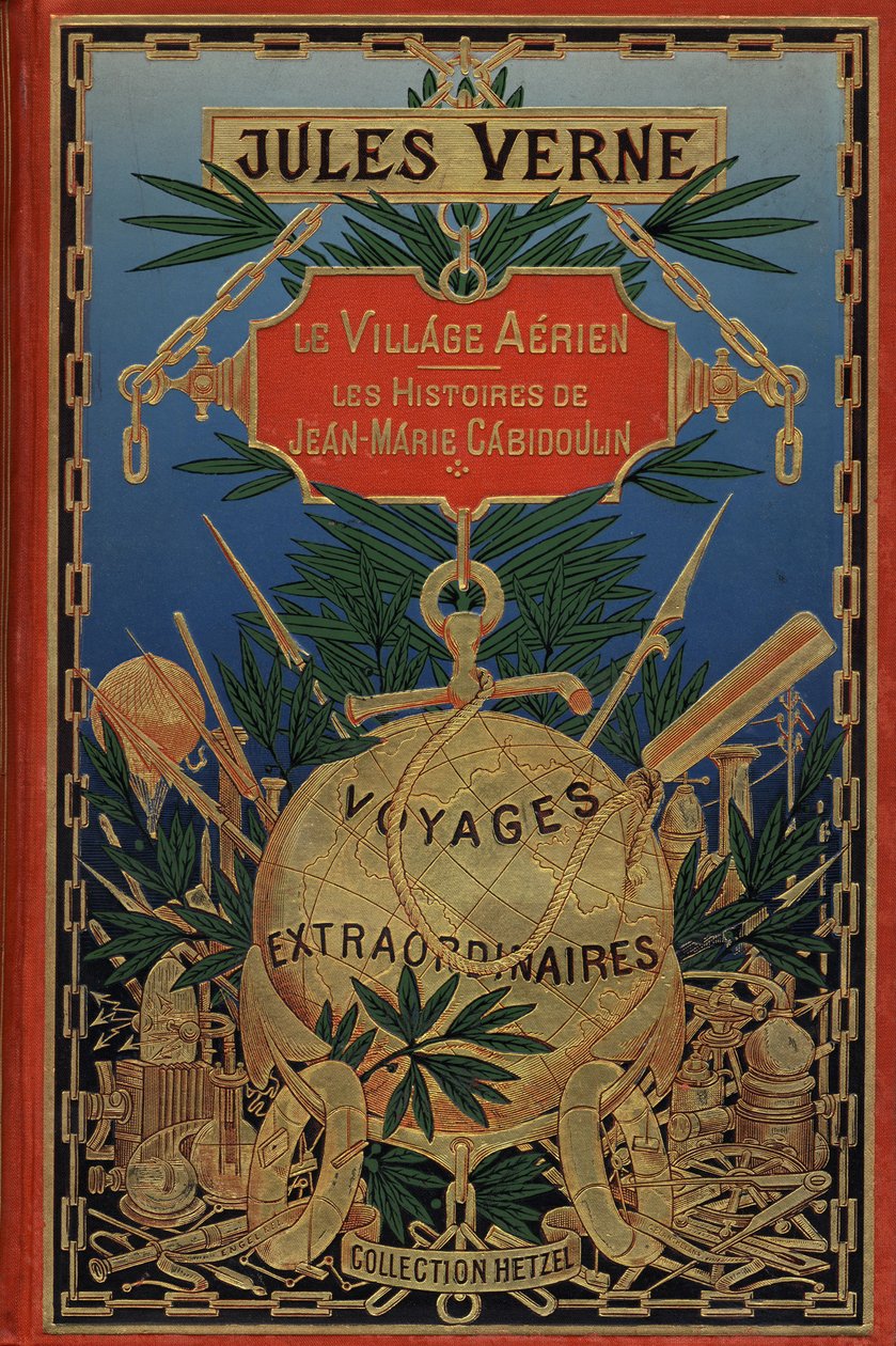 Forsiden af bogen "The Aerien Village" fra 1901 af Jules Verne (print) af French School