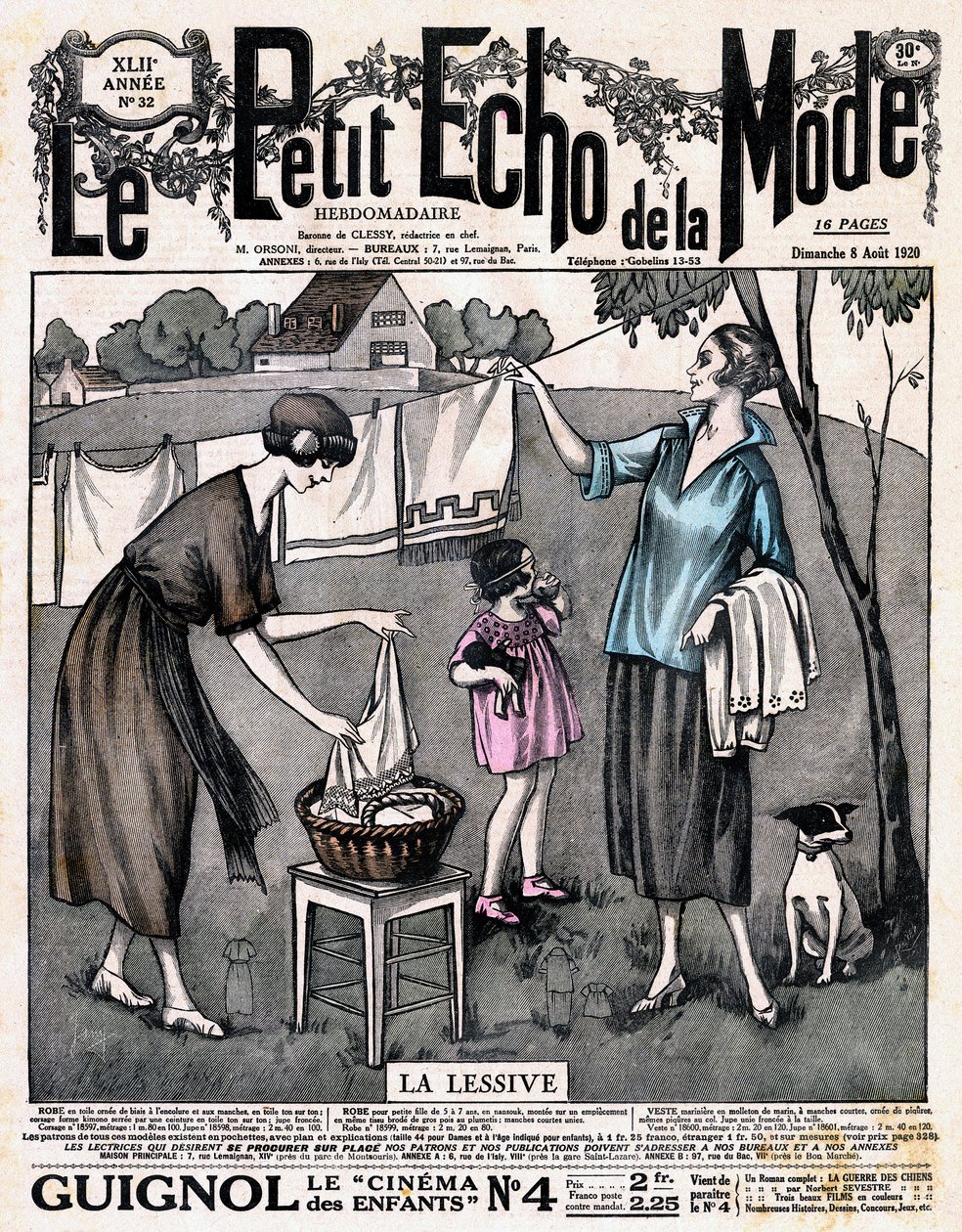 Forside af avisen "" Le petit echo de la mode "" la vaskemiddel - to kvinder med en pige og en hund spredte linned til tørre på en tråd udenfor, nr. 32 af 8. august af French School