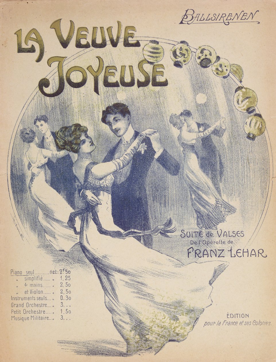 Omslag til partiturarket til La Valse Ballsirenen fra Den glade enke af Franz Lehar (1870-1948) af French School