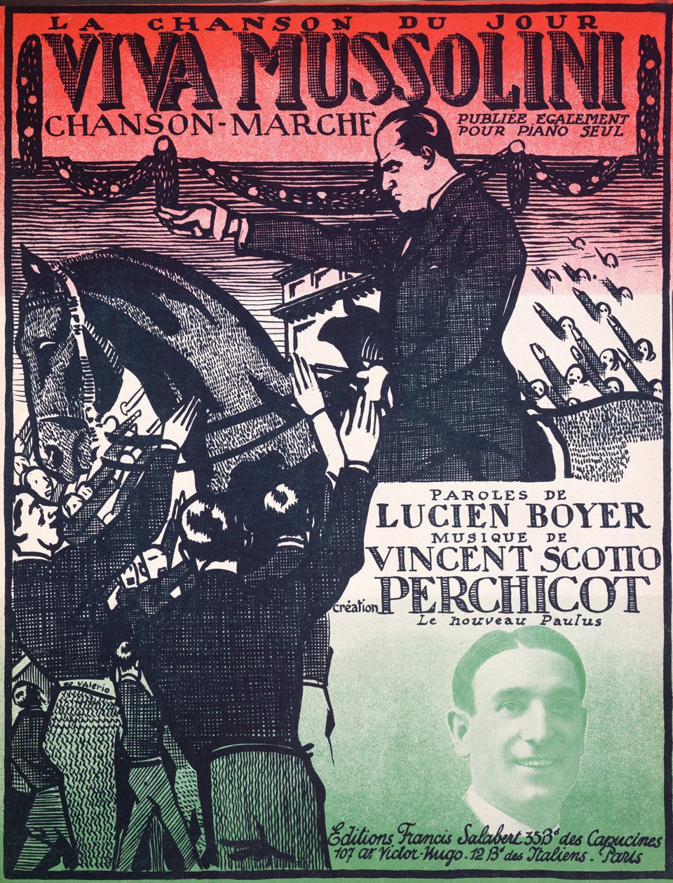 Omslag til partiturarket til Viva Mussolini af Vincent Scotto (1876-1952) og Lucien Boyer, 1920